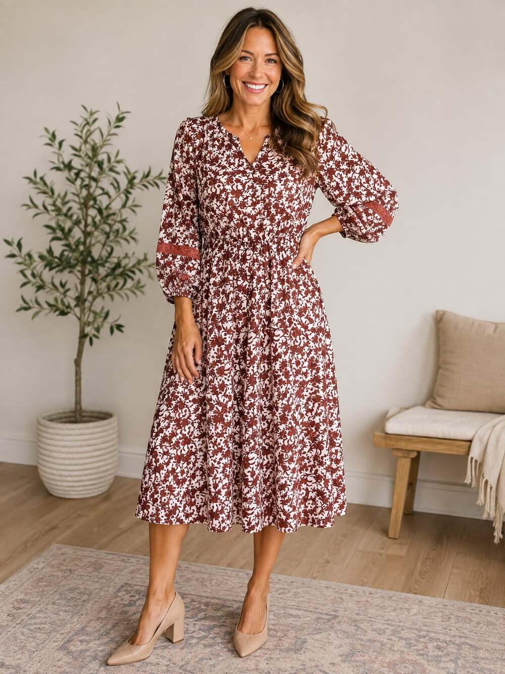 Mikarose Floral Midi Dress XS Burnt Orange Long Sleeve Lined Boho Cottagecore